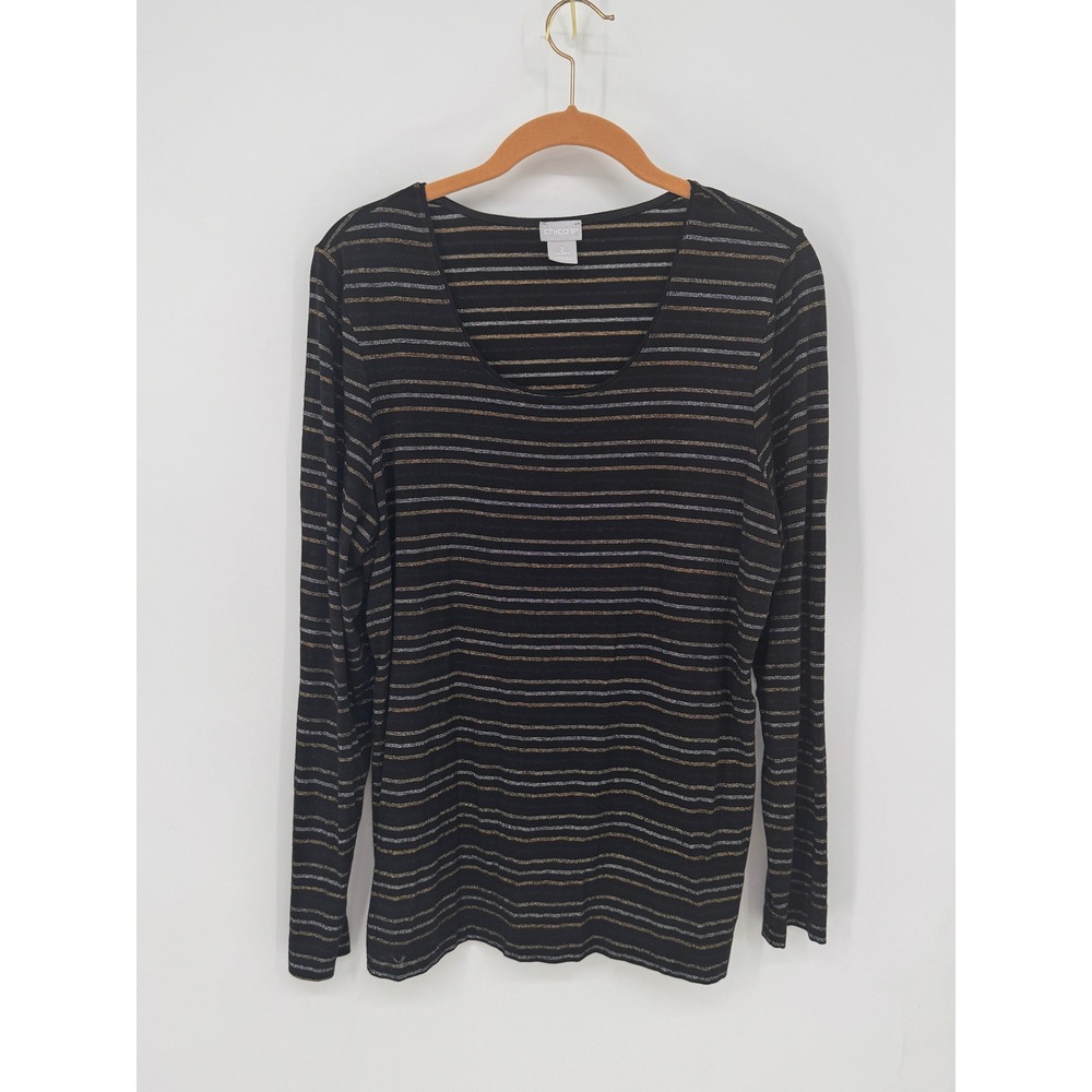 Chico's Top Women Size L Black EUC Metallic Stripe Scoop Neck Long Sleeve